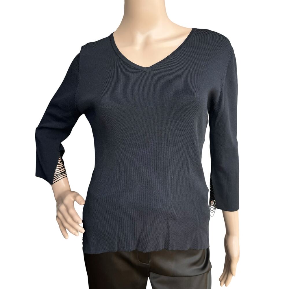 Ziani Couture Women Black Knitted V-Neck 3/4 Sleeves Beaded Pullover Top Size M